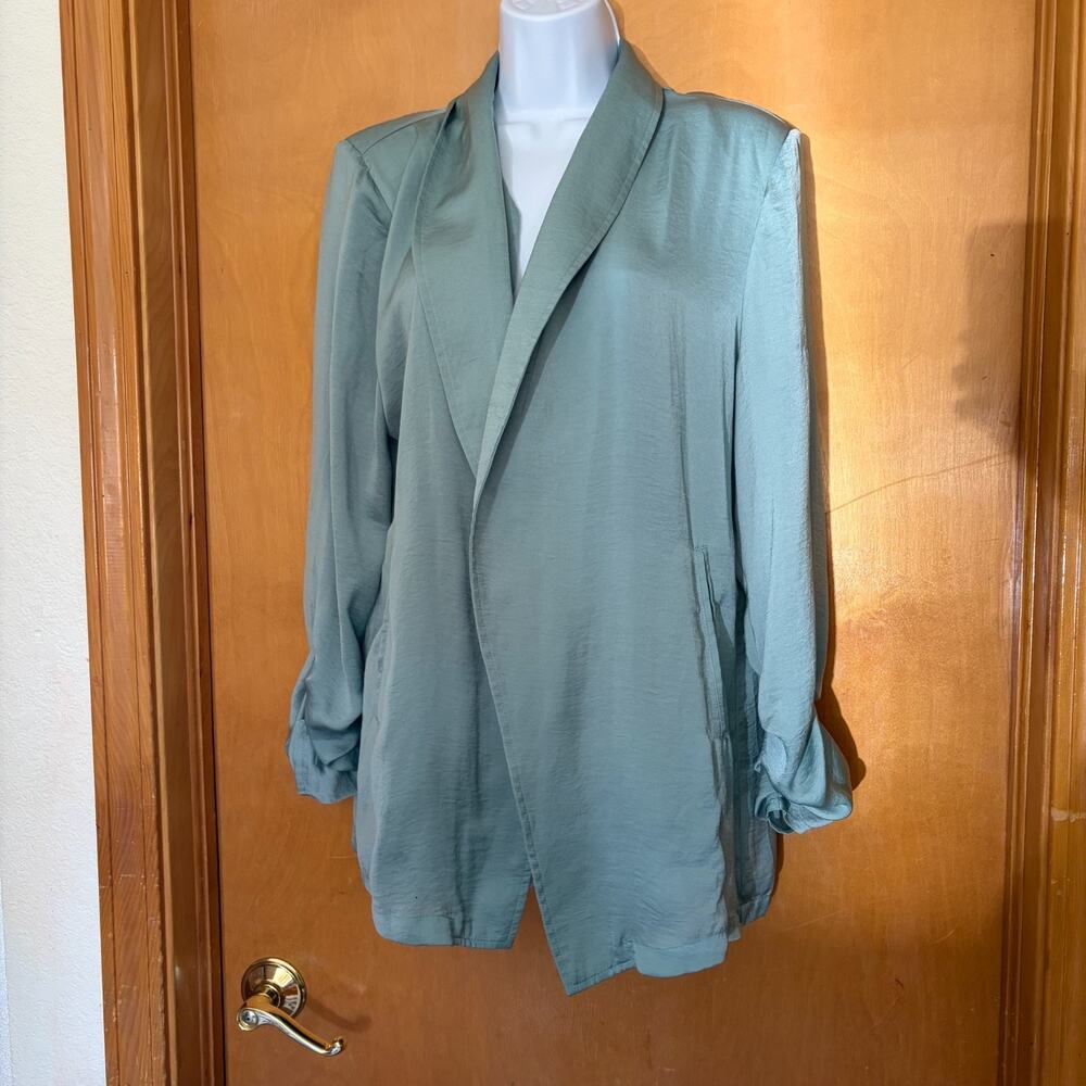 Dusty Blue Satin Open Front Blazer lightweight Minimalist Quiet Luxury
